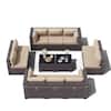 Halmuz 14-Piece Brown Wicker Outdoor Sectional Set with Glass Coffee Table and Sand Cushions, Patio Chat, PE Rattan 77-Sand