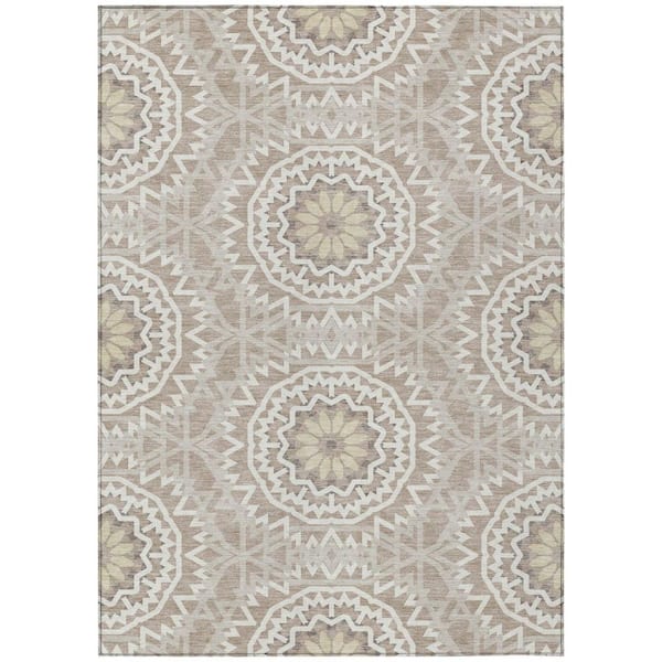 Taupe, Khaki, Ivory 5 ft. x 8 ft. Woven Floral, Medallion Polyester Rectangle Indoor/Outdoor Area Rug
