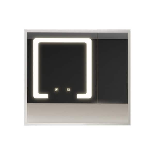 35 in. W x 22 in. H Rectangular Aluminium Medicine Cabinet with Mirror in Khaki with LED Light