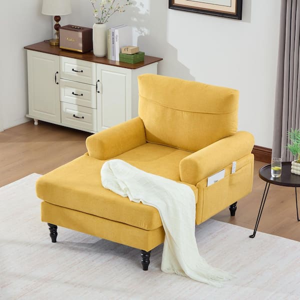 Modern Mustard Yellow Chenille Armrests Chaise Lounge Single Sofa With Wooden Sofa Legs and Storage Side Pockets