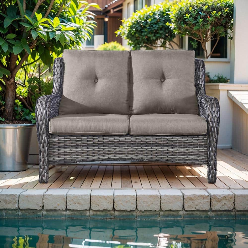 Gray Wicker and Steel Two-Seat Outdoor Sectional Sofa