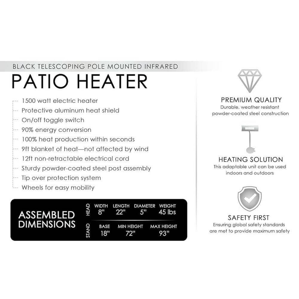 Black Powder Coated Steel Telescoping Infrared Patio Heater with Wheels