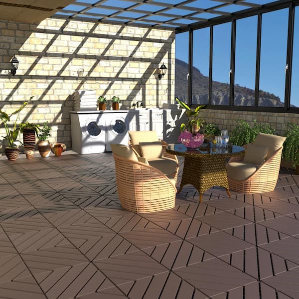 1 ft. W x 1 ft. L Outdoor Striped Square PVC Waterproof Interlocking Flooring Deck Tiles(Pack of 44 Tiles) in Brown