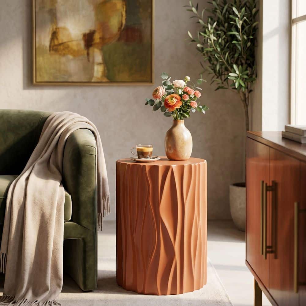 Modern Indoor/Outdoor 15.75 in. Terracotta Round MGO Concrete End Side Table with Wave Textured
