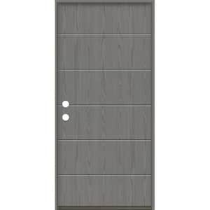 TETON Modern 36 in. x 80 in. Right-Hand/Inswing 6-Grid Solid Panel Malibu Grey Stain Fiberglass Prehung Front Door