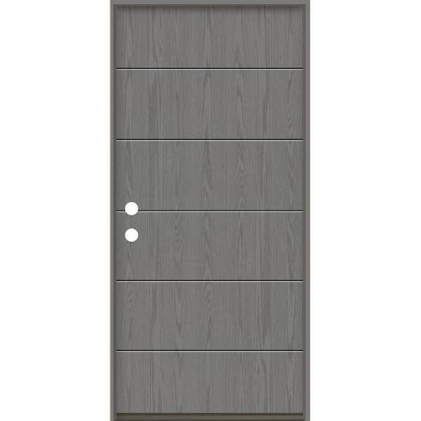 Krosswood Doors TETON Modern 36 in. x 80 in. Right-Hand/Inswing 6-Grid Solid Panel Malibu Grey Stain Fiberglass Prehung Front Door