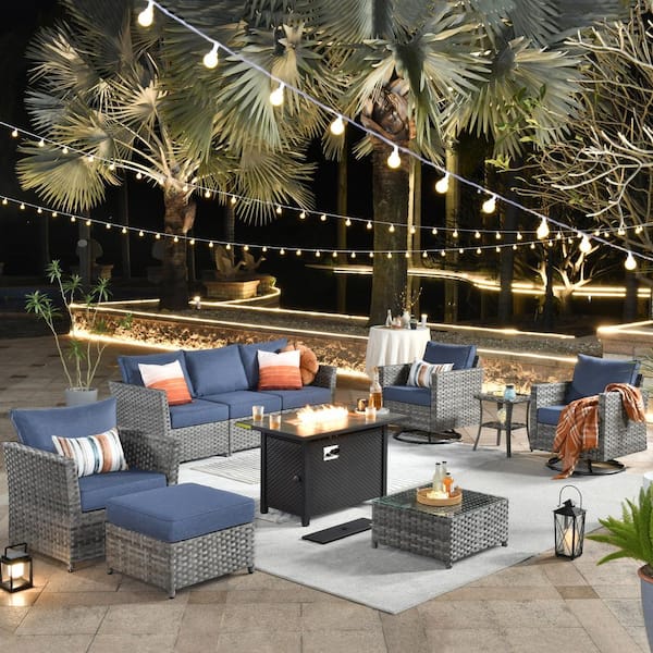 Toject Eufaula Gray 10-Piece Wicker Patio Fire Pit Conversation Sofa Set with Swivel Rocking Chairs and Denim Blue Cushions