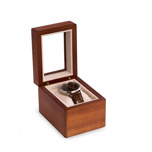 BEY-BERK Cherry Wood Single Watch Box with Glass Top, Velour Lining and Pillow