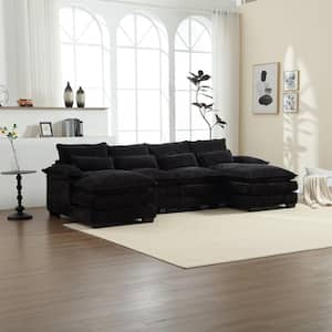 110 in. Rolled Arm 4-Piece U-Shaped Modular Chenille Sectional Sofa Couch in. Black with 2 Cushions and 4 Pillows