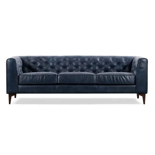 Poly and Bark Essex 89 in. Midnight Blue Leather 3 Seats Sofa