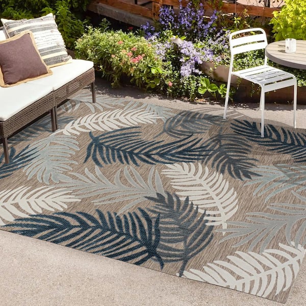 JONATHAN Y Montego Brown/Navy/Ivory 8 ft. x 10 ft. High-Low Tropical Palm Indoor/Outdoor Area Rug