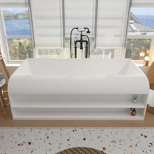 69 in. x 36 in. Stone Resin Flatbottom Solid Surface Freestanding Soaking Bathtub with Brass Drain and Storage in White