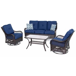 Orleans 4-Piece Swivel Gliding Chat Set with Navy Blue Cushions, 2 Glider Chairs, End Table, Weather Resistant