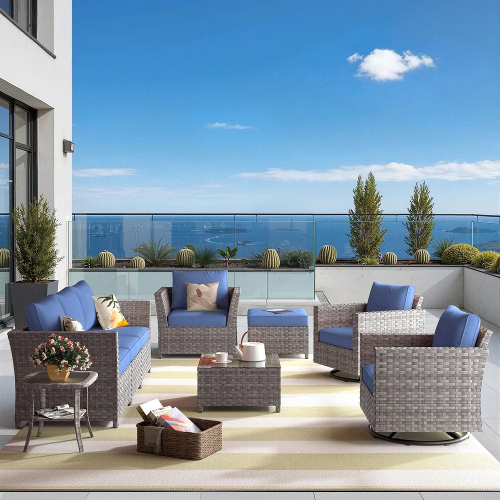 Auris Gray 9-Piece Wicker Outdoor Furniture Set Patio Conversation Sofa Set with Denim Blue Cushions and Swivel Chairs price history on PriceWatchPro