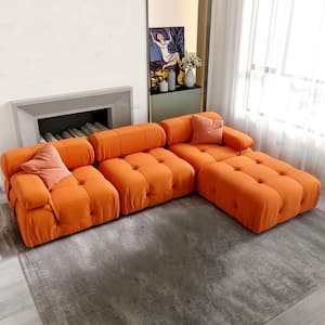 113.4 in. Flared Arm Teddy Velvet 4-Wide Seats Tufted Rectangle Sectional Sofa Couch with Ottoman, Orange