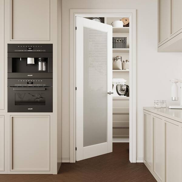 30 in. x 80 in. 1-Lite Tempered Frosted Glass White Primed Solid Core MDF Wood Interior Door Slab with Pantry Sticker