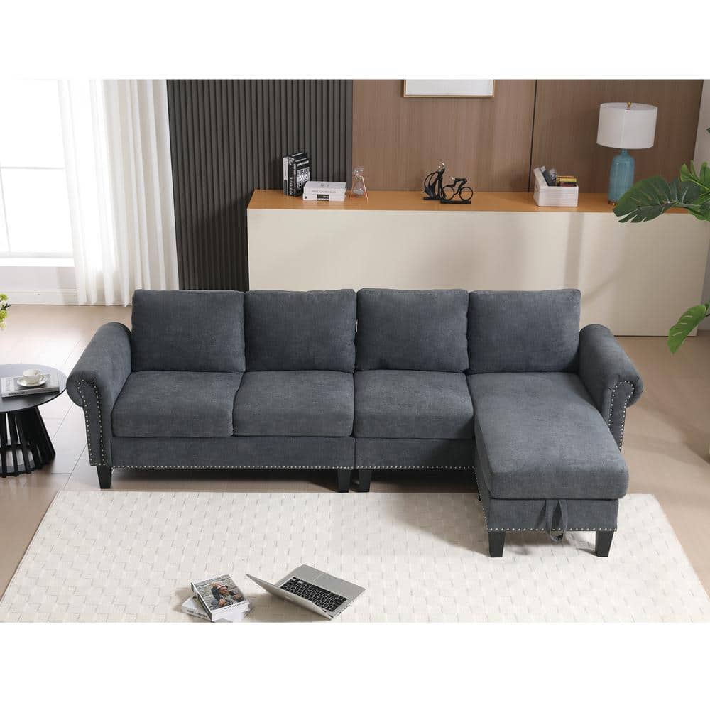 L-shaped Wood Outdoor Sectional Sofa with Storage, 4-Seater Modern Linen Fa