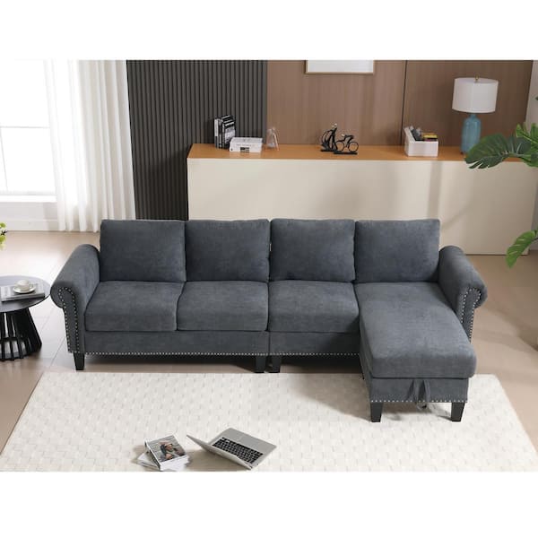 Unbranded L-shaped Wood Outdoor Sectional Sofa with Storage, 4-Seater Modern Linen Fabric Sofa with Gray Cushions for Living Room