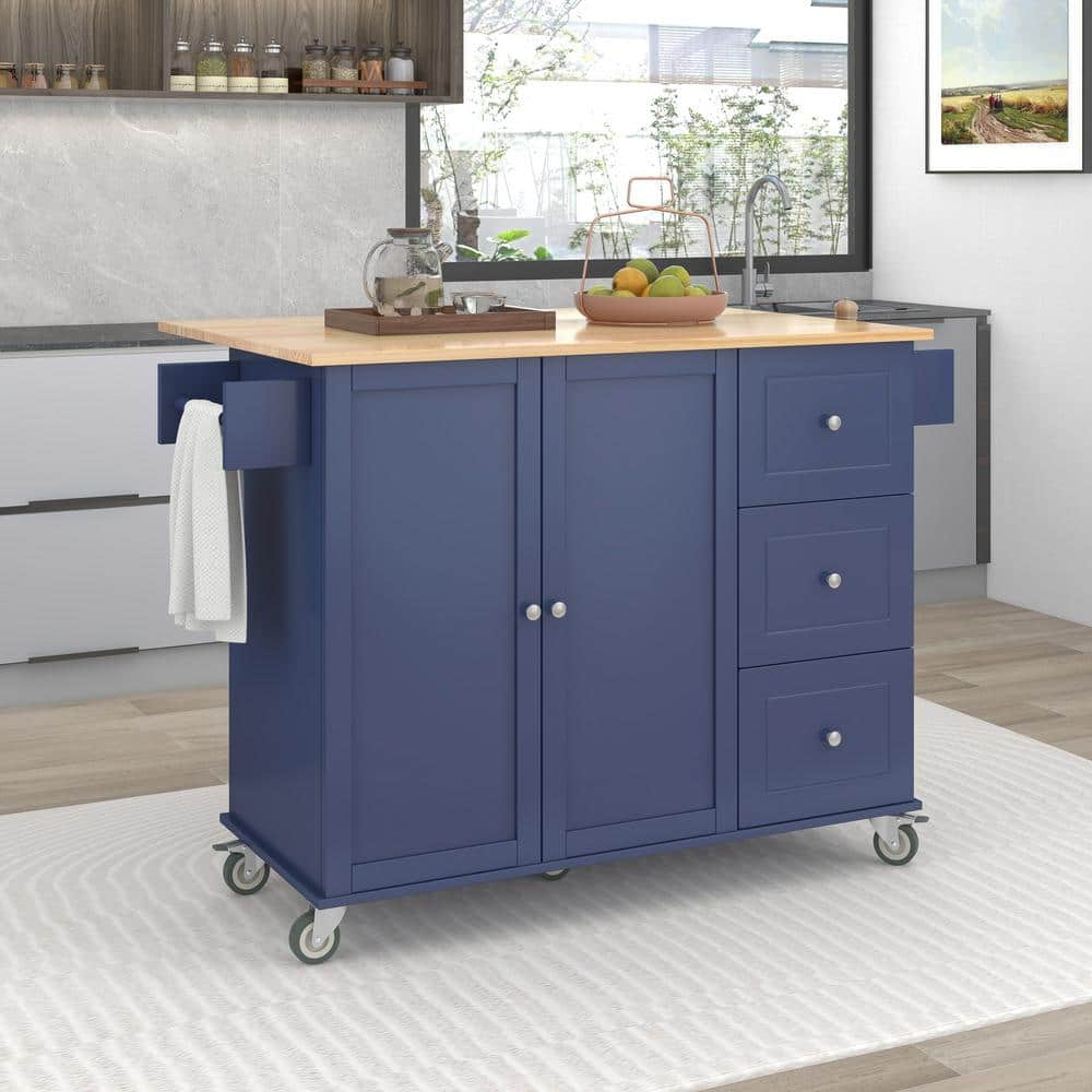 Zeus & Ruta Dark Blue Solid Wood 52.7 in. Kitchen Island with Drawers ...