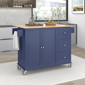 Dark Blue Solid Wood 52.7 in. Kitchen Island with Drawers and Drop-Leaf