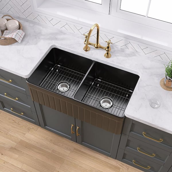 Getpro Rectangular Apron Front Farmhouse Kitchen Sink 33 in. Double Bowl Black Fireclay Kitchen Sink with Grids and Strainer