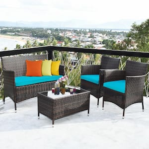 Brown 4-Piece Wicker Patio Conversation Set with Turquoise Cushions