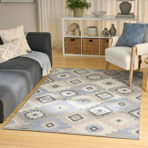 Copenhagen Ivory Blue 5 ft. x 7 ft. Flatwoven Wool Abstract Area Rug