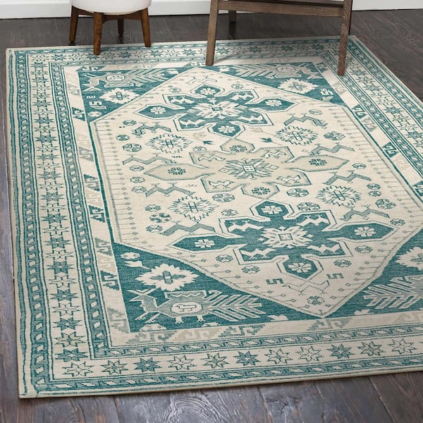 Saraz Teal/Off White Washable Rug 5 ft. x 7 ft. Area Rug