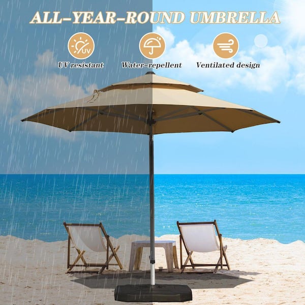 light patio umbrella Leigh Country TX 94132 9' Green Solar Powered LED PCode 7AVBT QUHOM Garvee 9 ft. Patio Fabric Color:Sunbrella Heather Beige Featuring a convenient manual