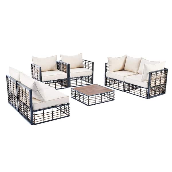 Sudzendf 7-Piece Metal Patio Sectional Sofa Set, All-Weather Garden Conversational Furniture Set with Beige Cushions
