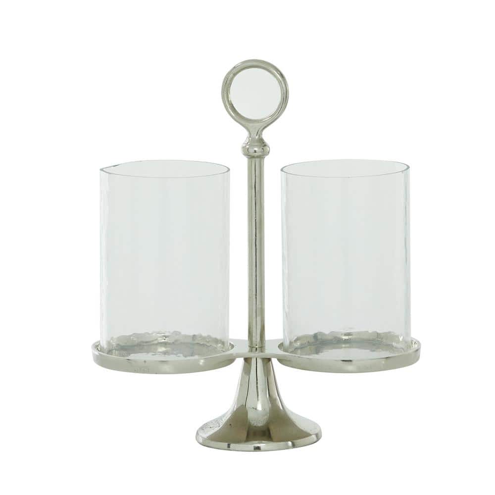 Contemporary Silver Aluminum & Glass Hurricane Candle Lantern - 14.4"