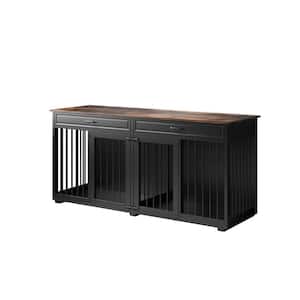 Modern Large Dog Kennel Furniture with 2 Drawers, Indestructible Dog Kennel with Trays Removable Irons for 2 Dogs, Black