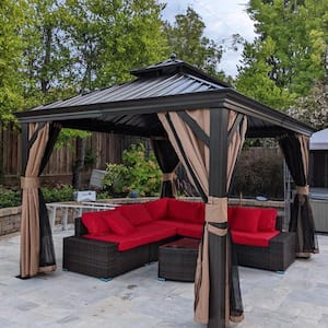 10 ft.x 12 ft.Bronze Aluminum Power-Coated Frame Galvanized Steel Double Roof Hardtop Gazebo,Hooks,Netting,Khaki Curtain