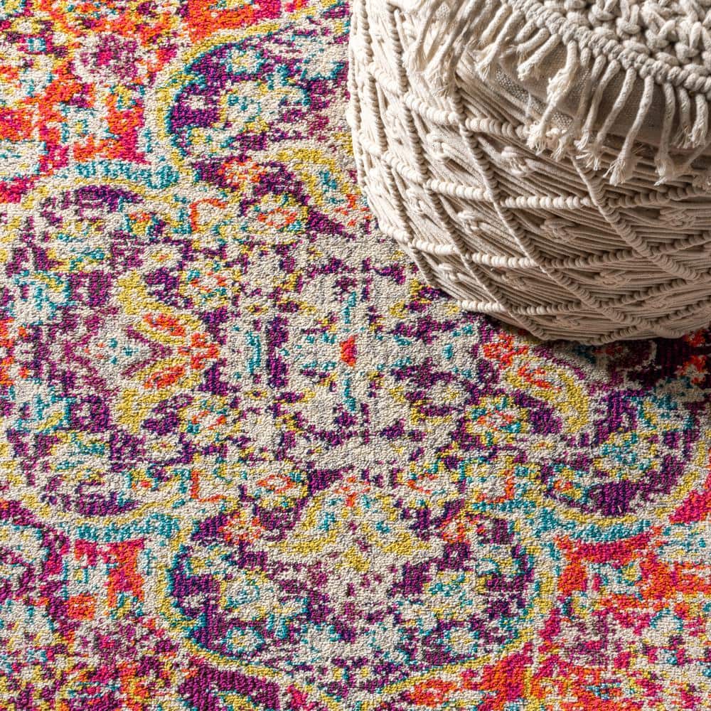 Cream and Orange Medallion Synthetic Reversible Area Rug, 3' x 5'