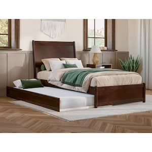 Casanova Walnut Brown Solid Wood Frame Twin XL Platform Bed with Panel Footboard and Twin XL Trundle