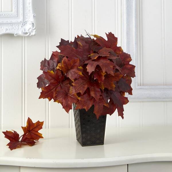 Nearly Natural 18in. Autumn Maple Leaf Artificial Plant in Embossed Black Planter