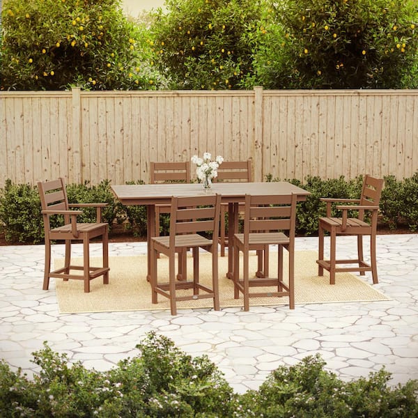 POLYWOOD Grant Park Teak 7-Piece HDPE Plastic Farmhouse Counter Set