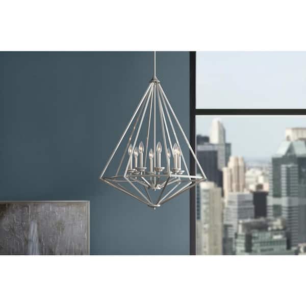 Home Decorators Collection Hubley 8-Light Triangular Brushed Nickel Chandelier Light Fixture with Metal Cage Shade
