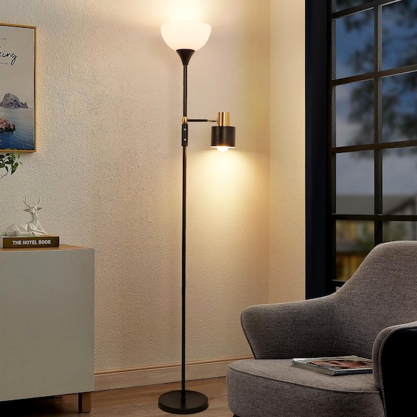 TOZING 74 in. Black Industrial 2-Light 2-in-1 Torchiere Tree Floor