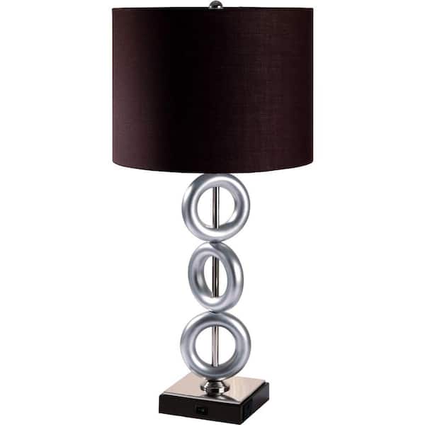 ORE International 26 in. 3 Modern Silver Ring Metal Table Lamp with Brown Shade and Convenient Outlet