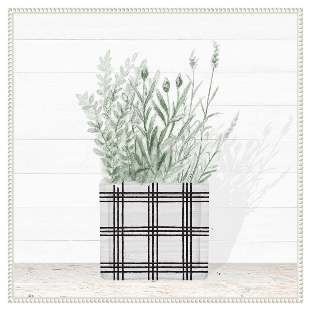 30" White and Green Lavender Blossom Canvas Wall Art in Beaded Frame