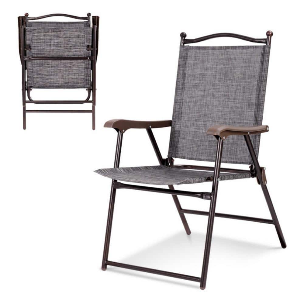 Gray Steel Frame Folding Camping Chairs with Arms, Set of 2