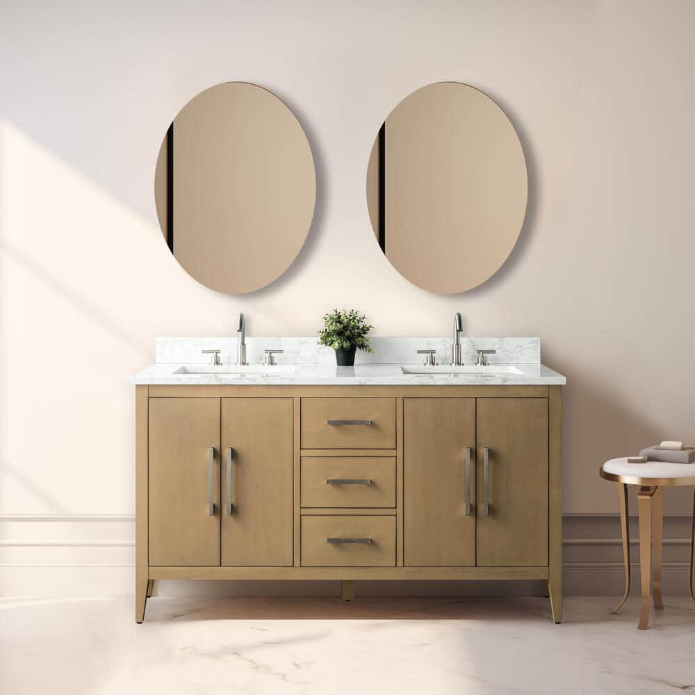 60" Natural Oak Double Sink Freestanding Bathroom Vanity with Engineered Marble Top
