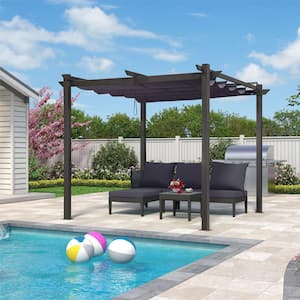 10 ft. x 10 ft. Gray Aluminum Frame Pergola with Navy Blue Retractable Sun Shade Canopy and Extra Top Roof