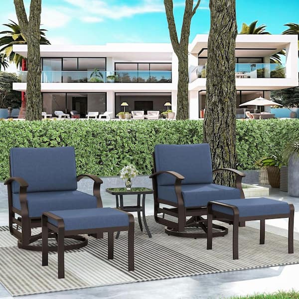 5-Piece Aluminum Swivel Outdoor/Indoor Gliding Chairs Patio Conversation Set with Navy Cushions and Table, Footstool