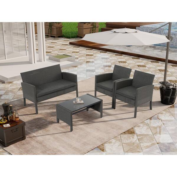 Otryad Grey 4-Piece Wicker Patio Conversation Set with Grey Cushion, Outdoor PE Ratten Chairs Set, Balcony Furniture