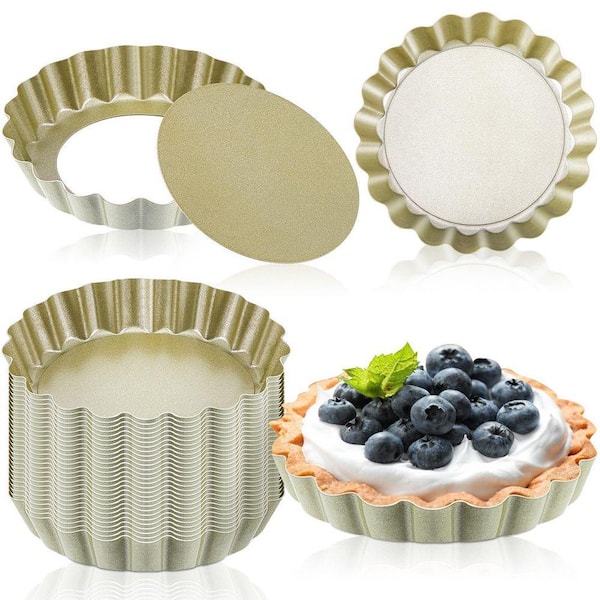Wudkey 32-Piece Mini Tart Pans Egg Tart Molds with Removable Bottom, Small Bakeware Mold Fluted Side for Mousse Cake, Gold