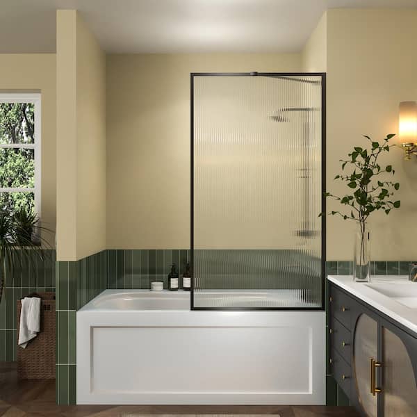 JimsMaison 33 in. W x 58 in. H Fixed Framed Tub Door in Matte Black with Fluted Tempered Glass