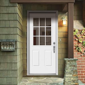 36 in. x 80 in. 9 Lite White Painted Steel Prehung Left-Hand Inswing Entry Door w/Brickmould