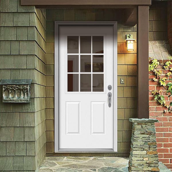 36 in. x 80 in. 9 Lite Primed Steel Prehung Left-Hand Inswing Entry Door with Brickmould